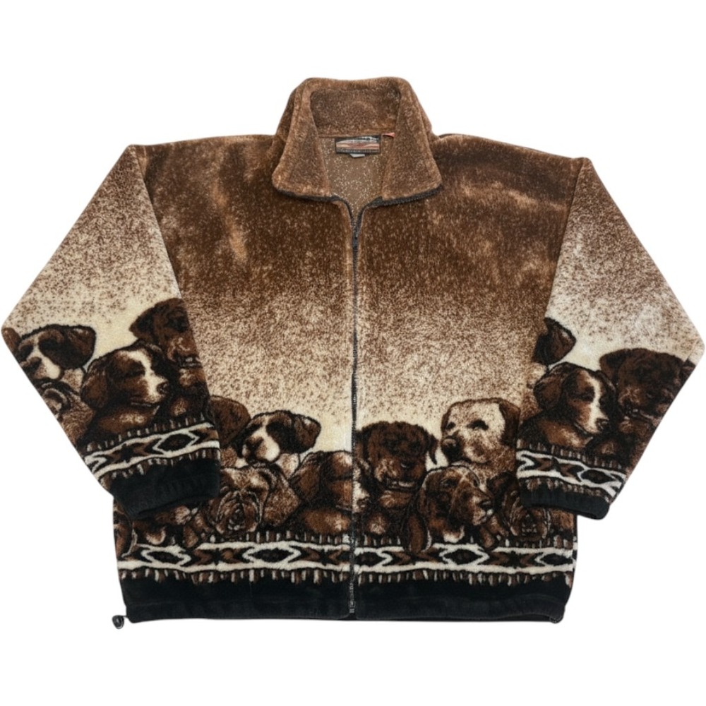 Cobblestone Canyon Fleece Jacket Women XL Brown Good Dog Print Zip Up USA Made